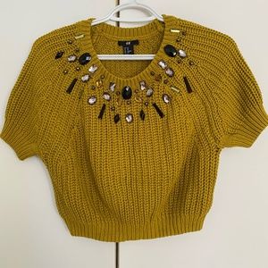 💥3/$25💥 H&M Knit Short Sleeve Crop Top T-Shirt With Jewels Gold Size XS